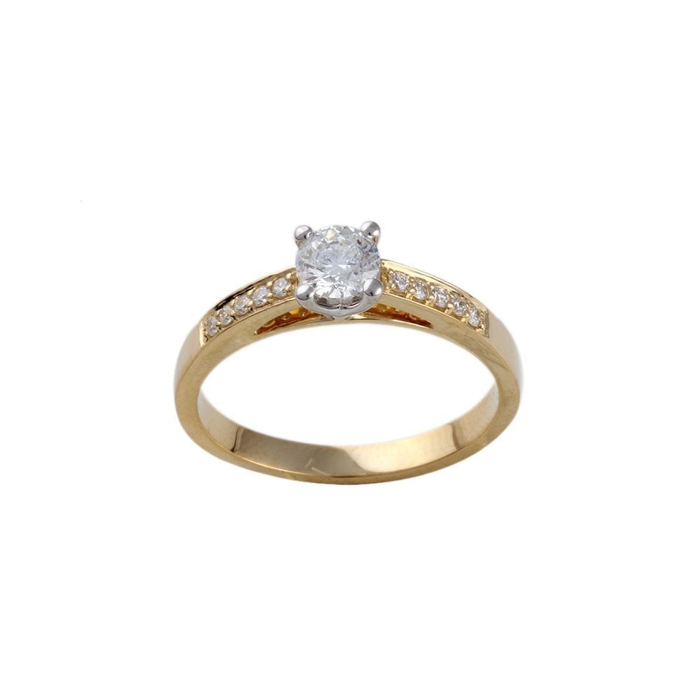 Yellow and White Gold Round Brilliant Diamond Solitaire Ring With Studded Shank