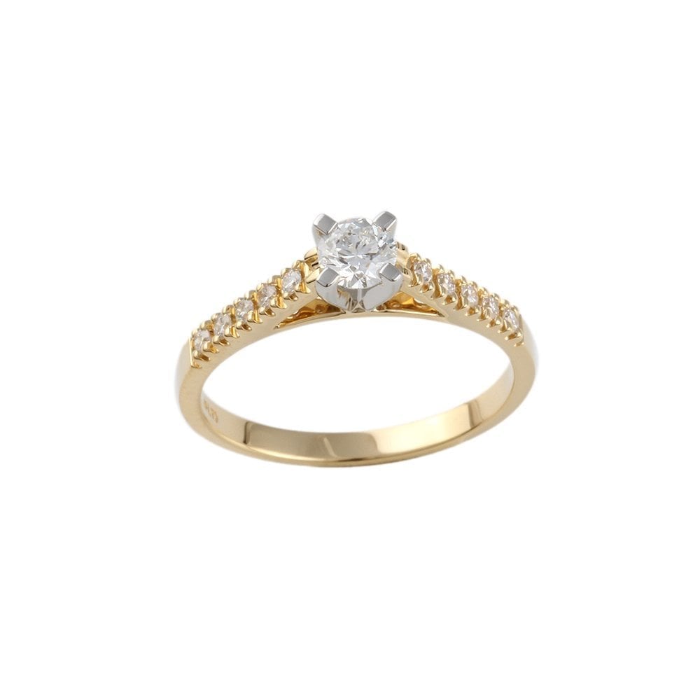 Yellow and White Gold Round Brilliant Diamond Solitaire Ring With Studded Shank
