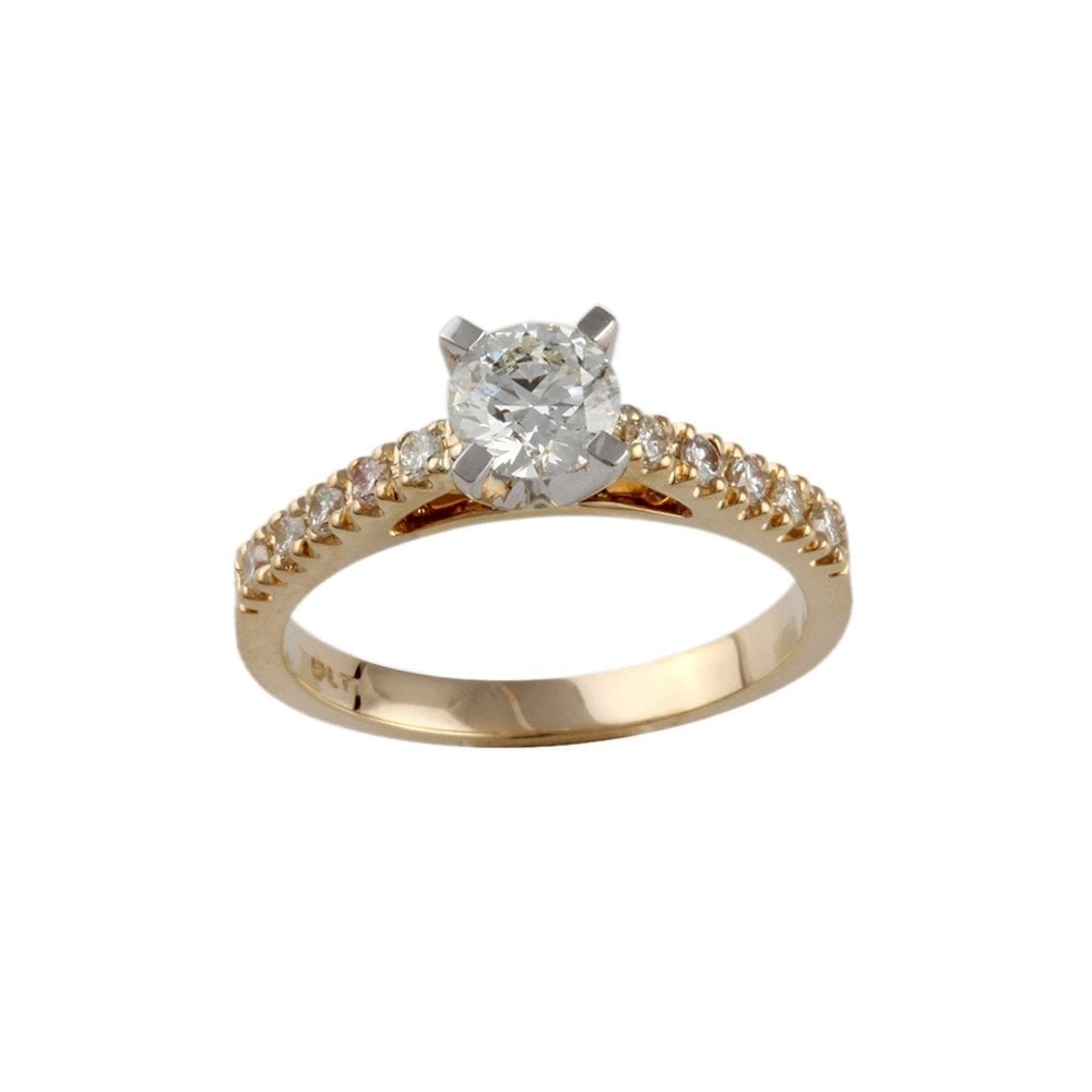 Yellow and White Gold Round Brilliant Diamond Solitaire Ring With Studded Shank