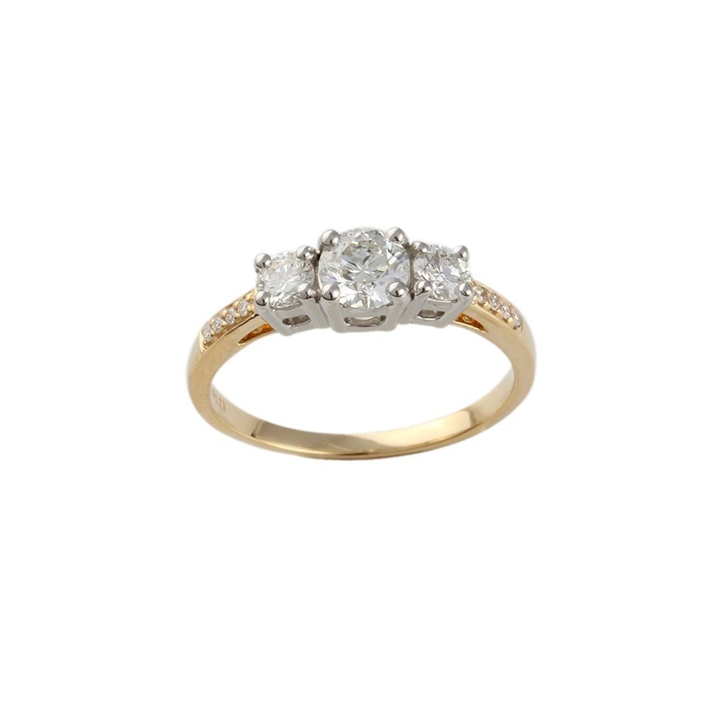 Yellow and White Gold Round Brilliant Diamond Three Stone Ring With Studded Shank 0.65ct