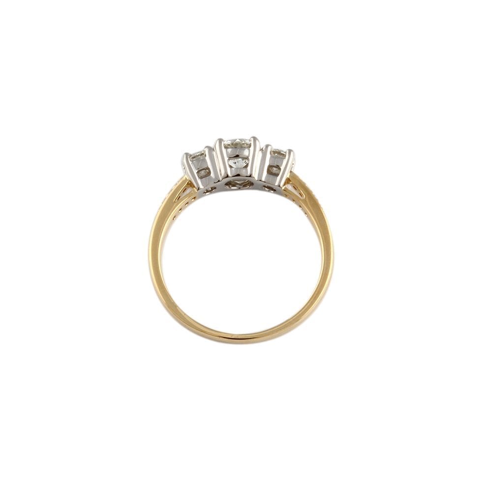 Yellow and White Gold Round Brilliant Diamond Three Stone Ring With Studded Shank 0.65ct