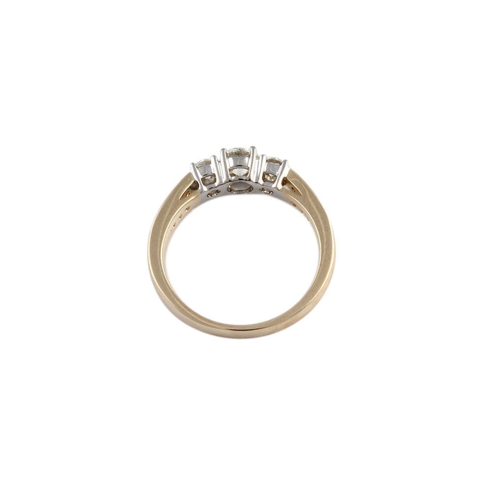 Yellow and White Gold Round Brilliant Diamond Three Stone Ring With Studded Shank 0.75ct