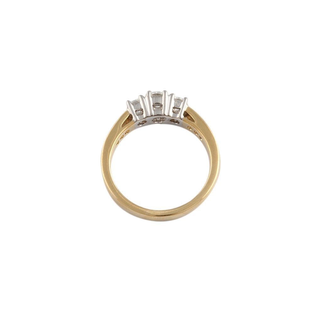 Yellow and White Gold Round Brilliant Diamond Three Stone Ring With Studded Shank 0.60