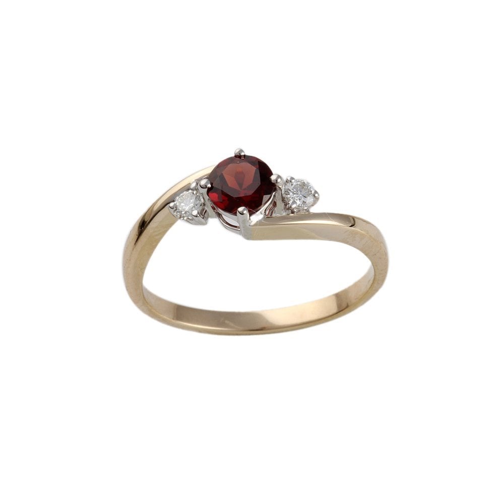 Yellow and White Gold 0.12ct Round Brilliant Diamond and 0.58ct Round Garnet Three Stone Ring