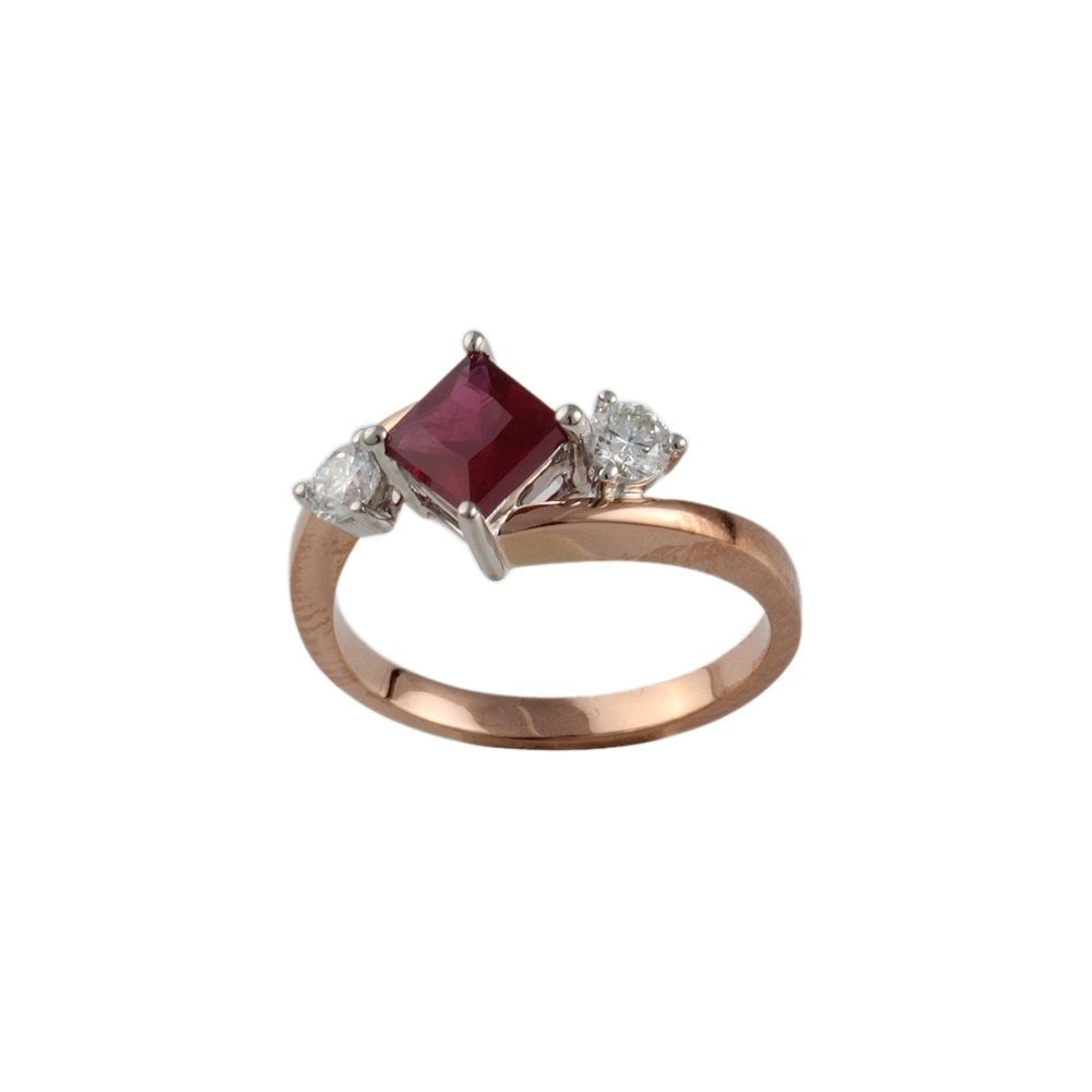 Yellow and White Gold 0.25ct Round Brilliant Diamond and 0.95ct Square Ruby Three Stone Ring