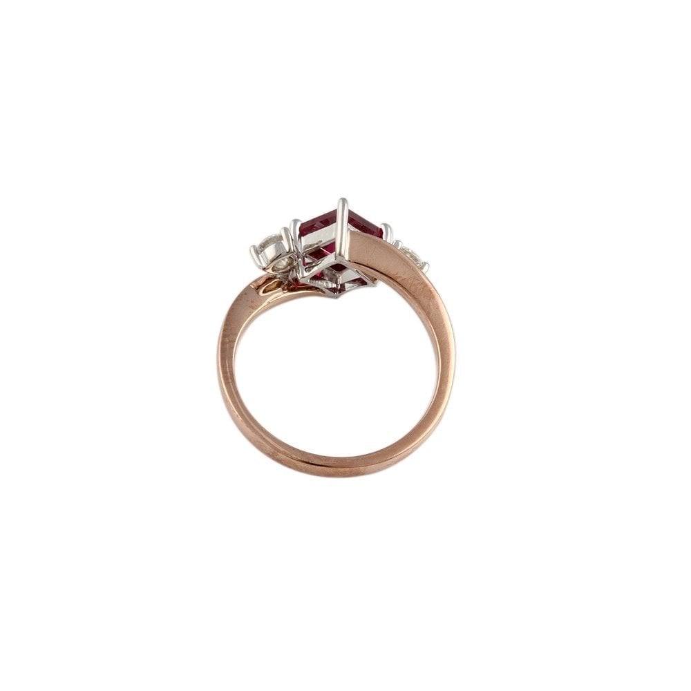 Yellow and White Gold 0.25ct Round Brilliant Diamond and 0.95ct Square Ruby Three Stone Ring