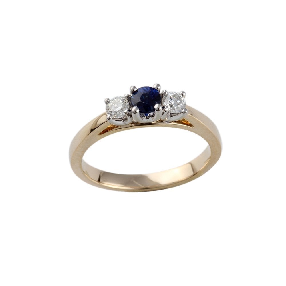 Yellow and White Gold 0.25ct Round Brilliant Diamond and 0.30ct Round Blue Sapphire Three Stone Ring