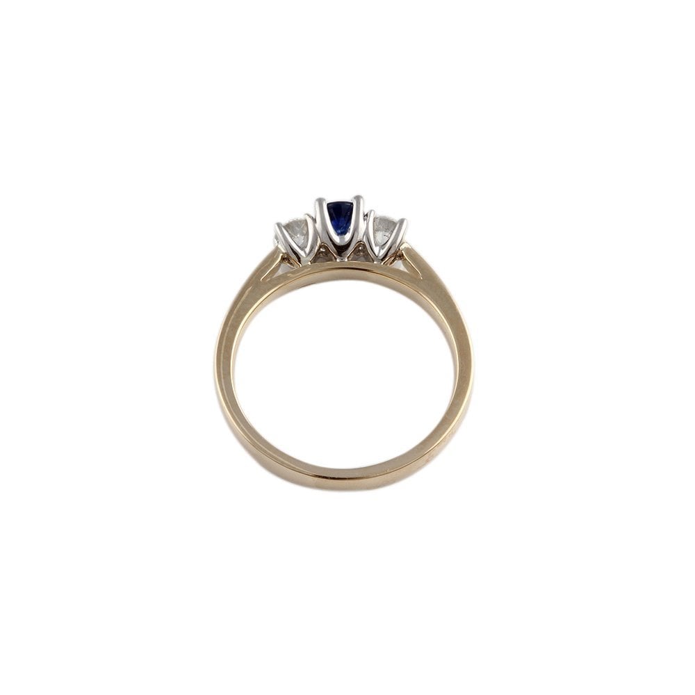 Yellow and White Gold 0.25ct Round Brilliant Diamond and 0.30ct Round Blue Sapphire Three Stone Ring
