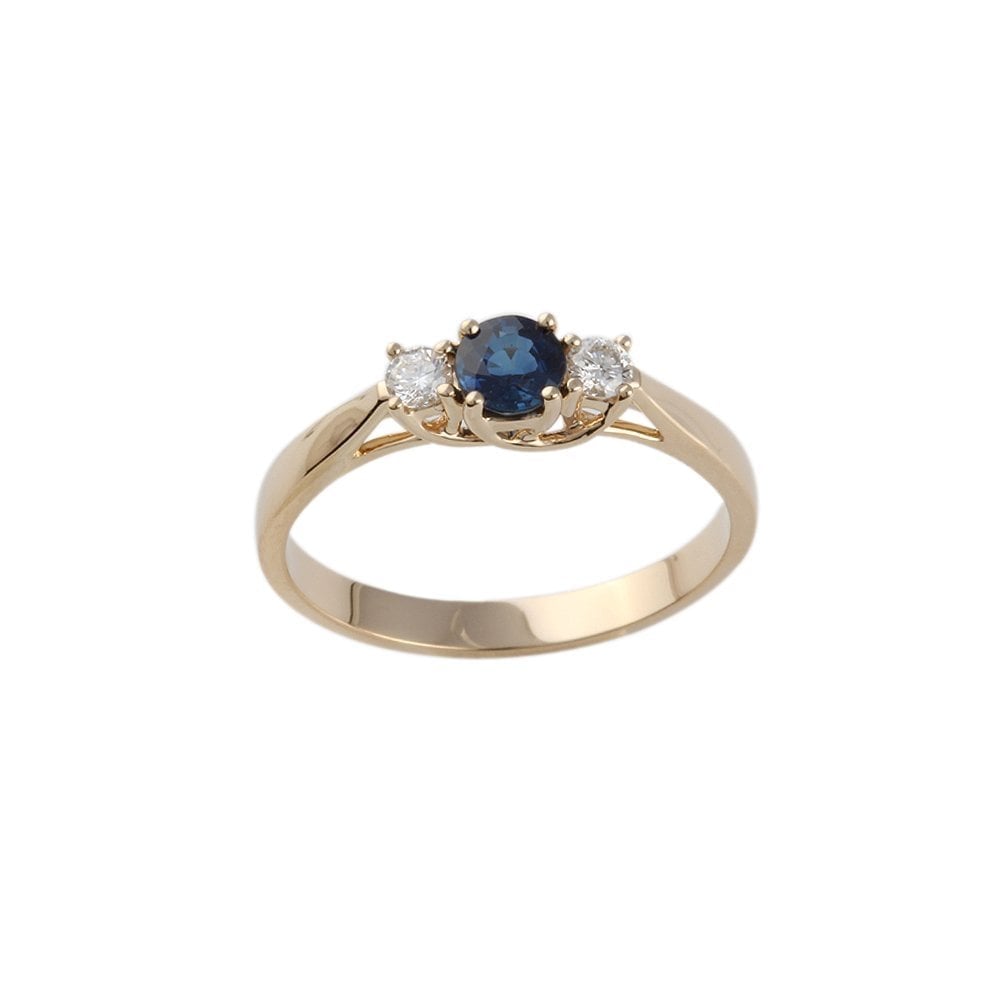 Yellow Gold 0.20ct Round Brilliant Diamond and 0.50ct Round Blue Sapphire Three Stone Ring