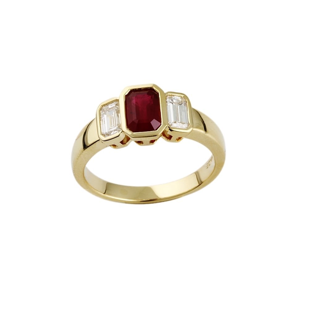 9ct Yellow Gold Ruby and Diamond Three Stone Ring