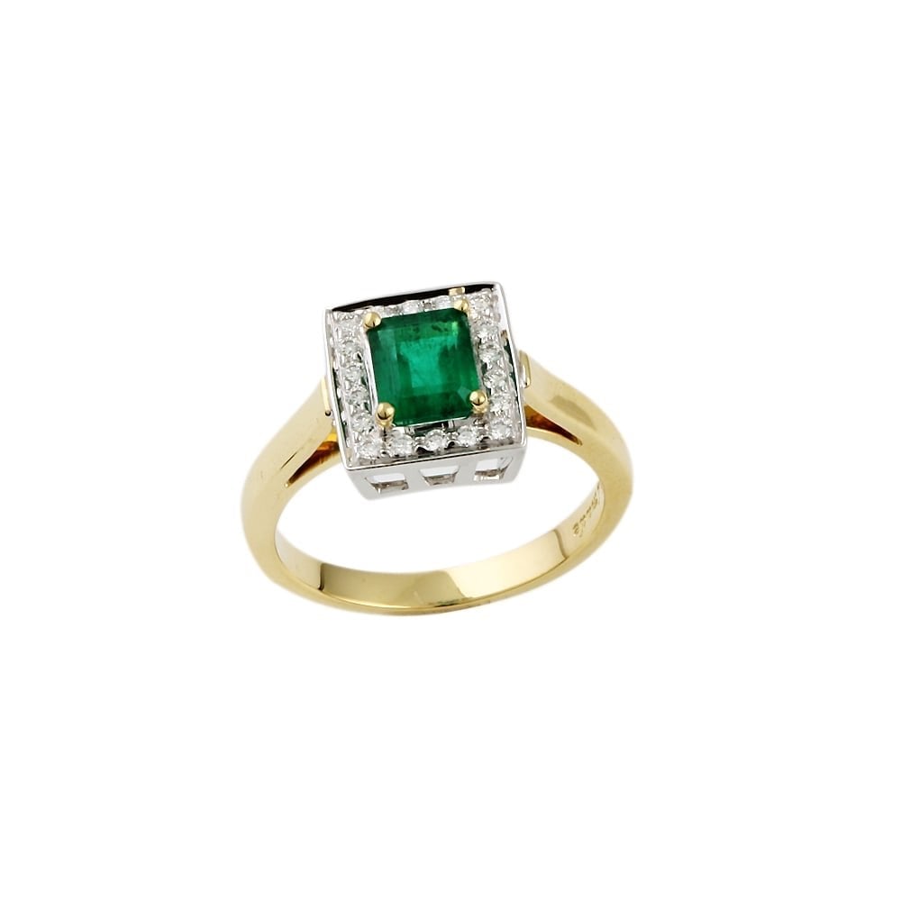 9ct Yellow and White Gold Emerald 1.1ct and Diamond 0.15ct Cluster Ring