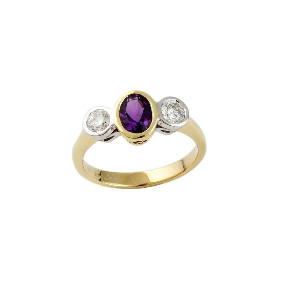 9ct Gold Amethyst and Diamond Three Stone Ring