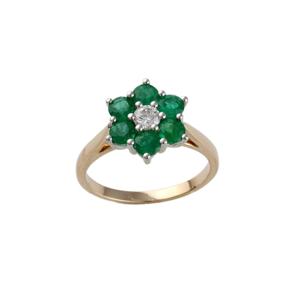 Yellow and White Gold 1.40ct Seven Stone Round Brilliant Diamond and Emerald Cluster Ring