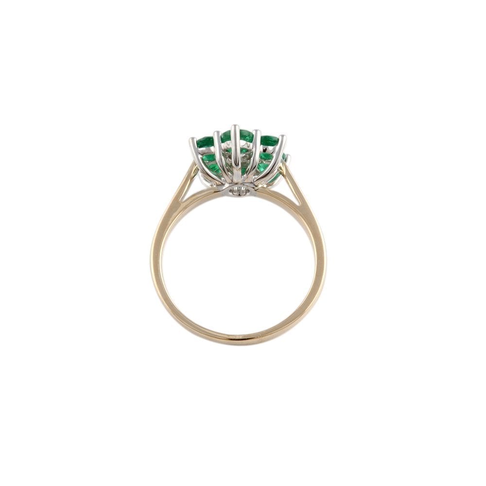 Yellow and White Gold 1.40ct Seven Stone Round Brilliant Diamond and Emerald Cluster Ring