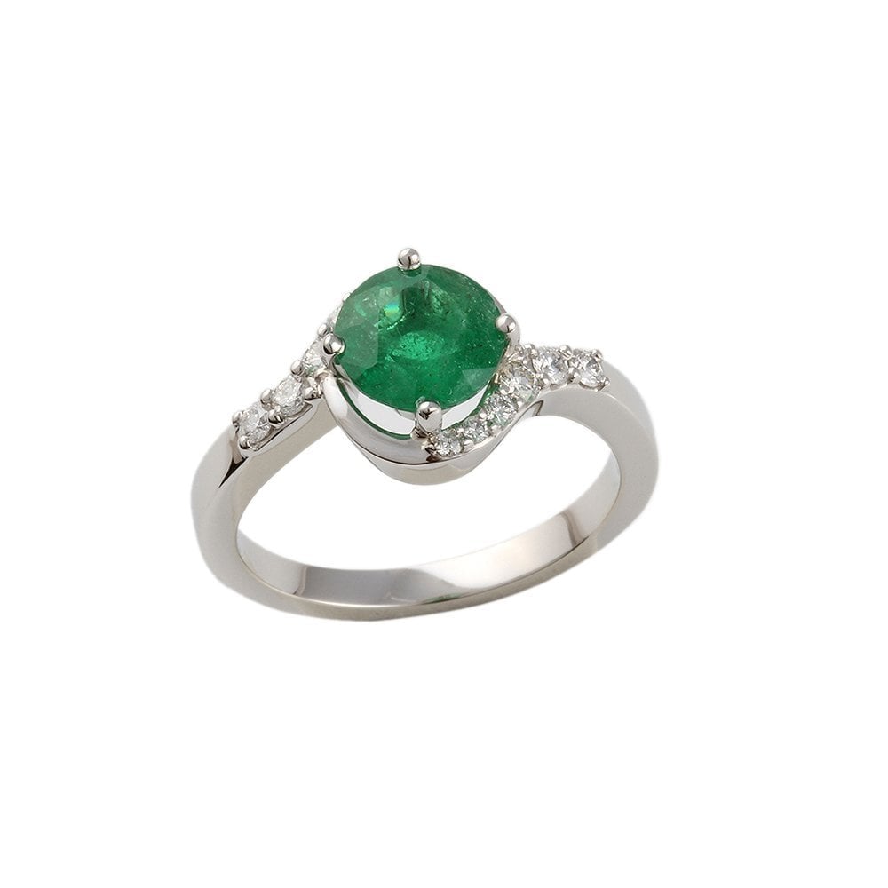 White Gold 0.24ct Round Diamonds and 1.46ct Round Emerald Ring with Studded Shank