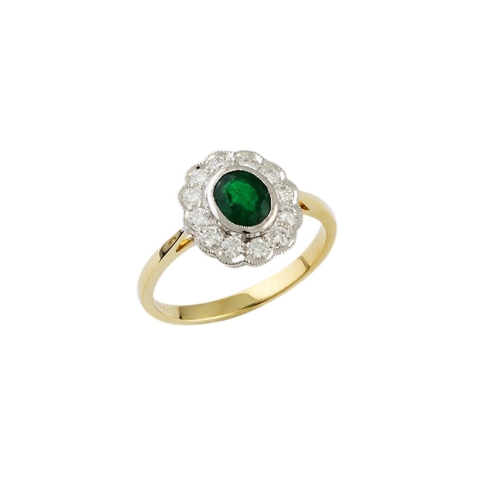 9ct Yellow and White Gold Emerald and Diamond Cluster Ring