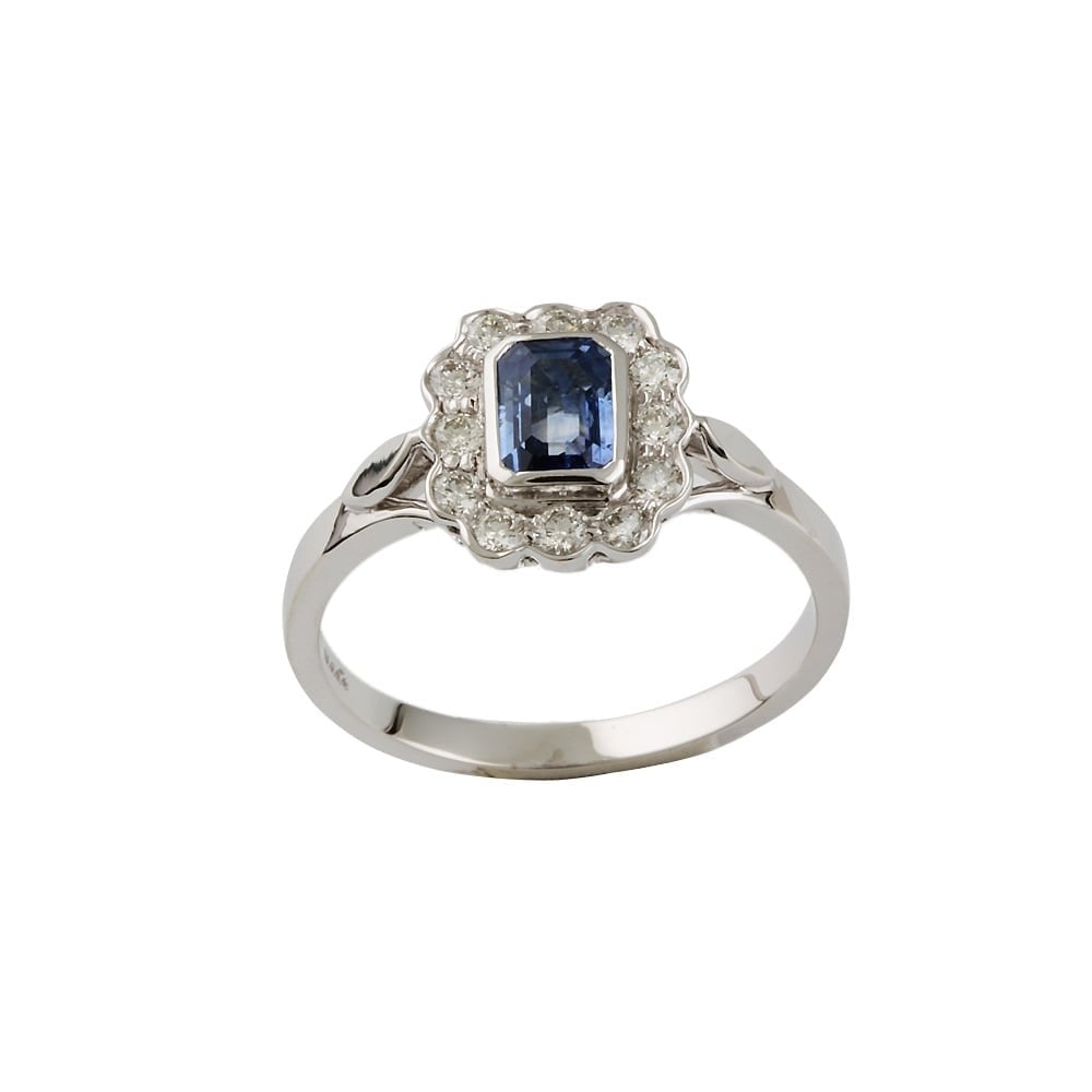 9ct White Gold Blue Sapphire 1.16ct and Diamond  0.41ct Cluster Ring
