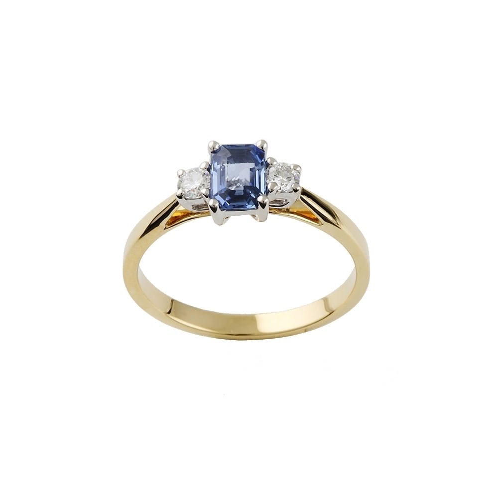 9ct Yellow and White Gold Blue Sapphire and Diamond Three Stone Ring