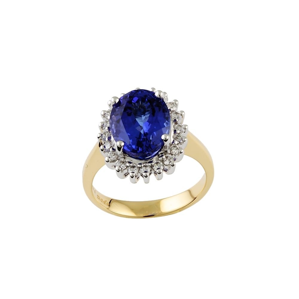 Yellow and White Gold 0.29ct Round Diamond and 4.0ct Oval Tanzanite Set Cluster Ring