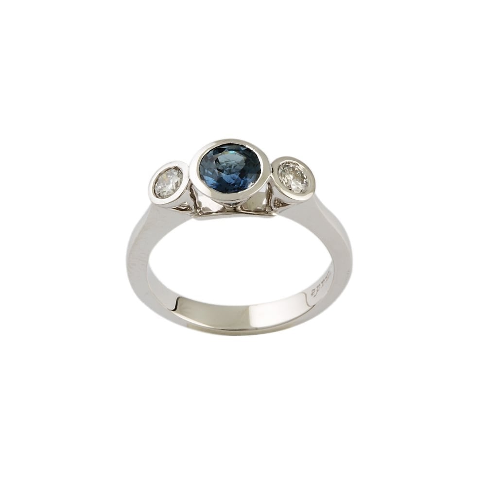9ct White Gold Blue Sapphire 0.82ct and Diamond 0.30ct Three Stone Ring