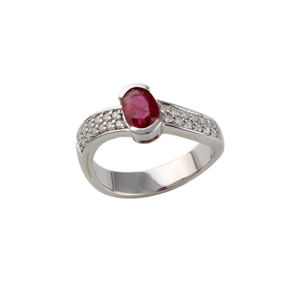 White Gold 0.22ct Round Diamond and Oval Shaped 0.98ct Ruby Ring with Studded Shank