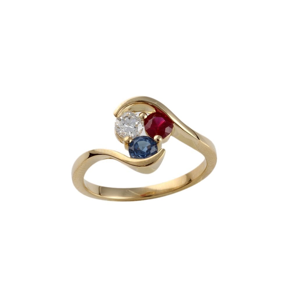 Yellow Gold Round Diamond, Ruby and Blue Sapphire Set Three Stone Trefoil Style Ring