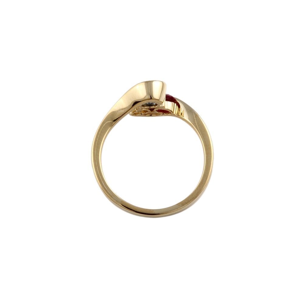 Yellow Gold Round Diamond, Ruby and Blue Sapphire Set Three Stone Trefoil Style Ring