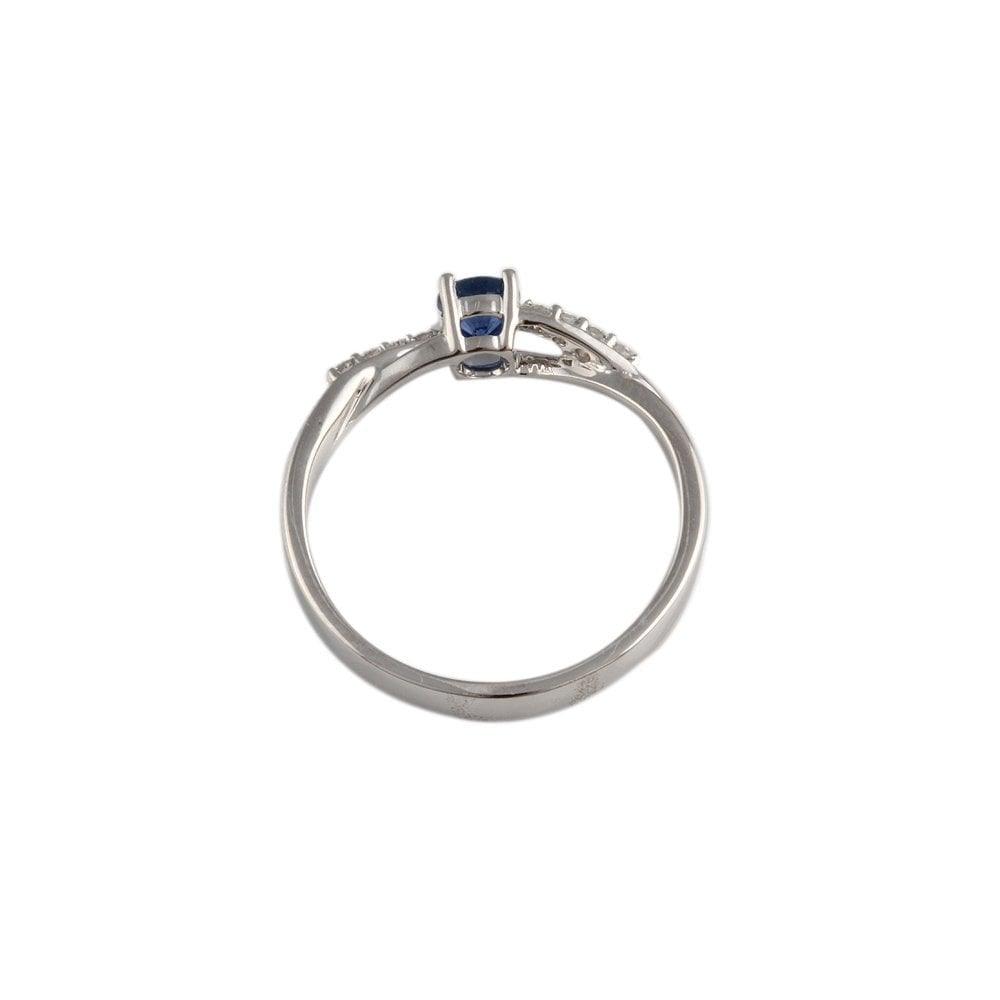 White Gold 0.11ct Round Diamond and 0.34ct Blue Sapphire Set Ring with Studded Shank