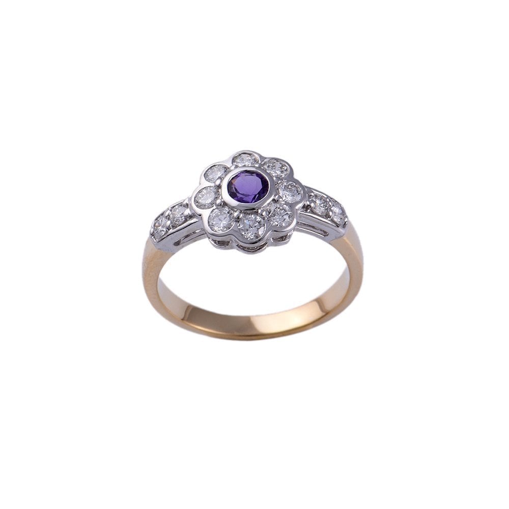 Yellow and White Gold 0.45ct Round Diamond and 0.15ct Round Amethyst Set Flower Style Cluster Ring with Studded Shank