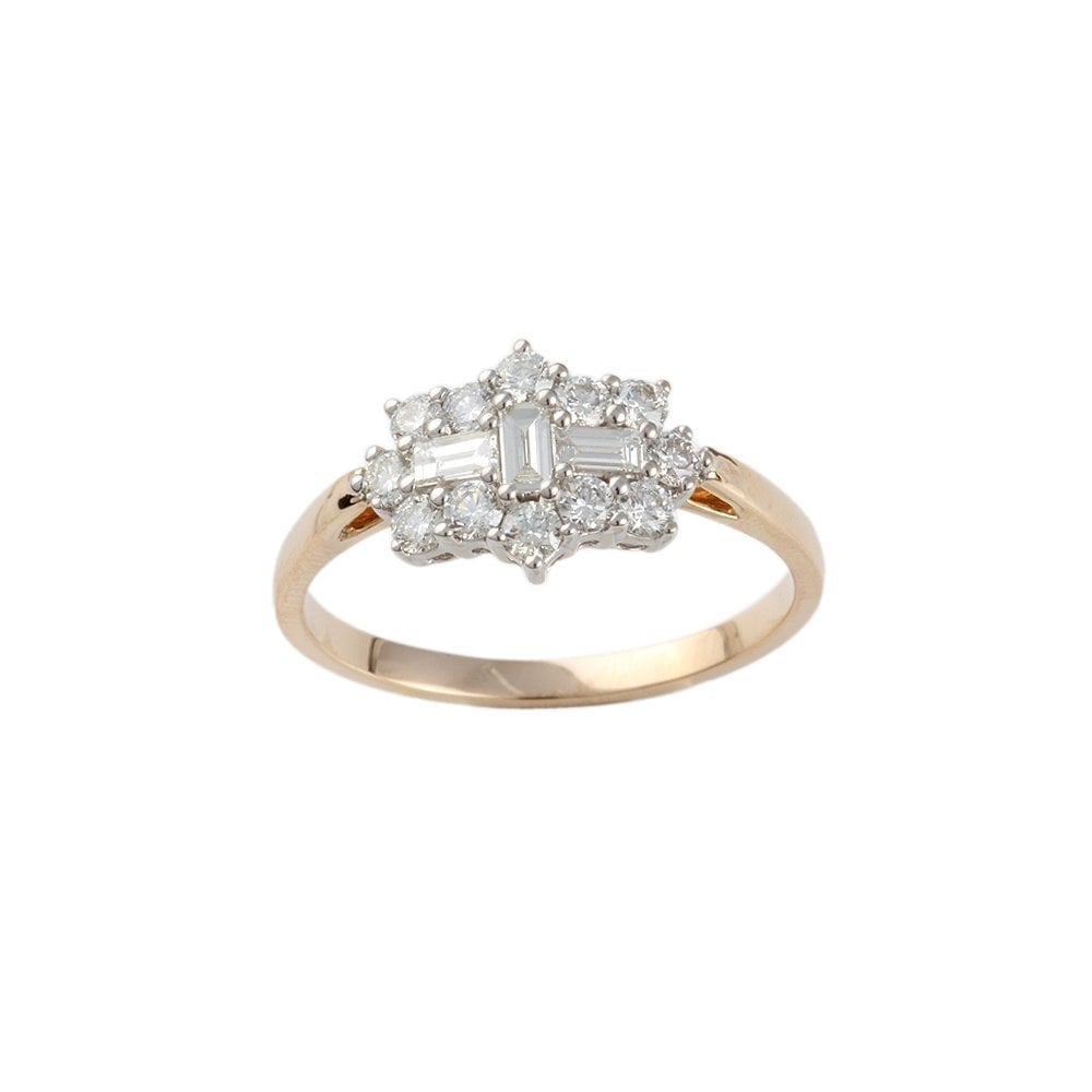 Yellow and White Gold 1.10ct Baguette and Round Diamond Set Cluster Ring