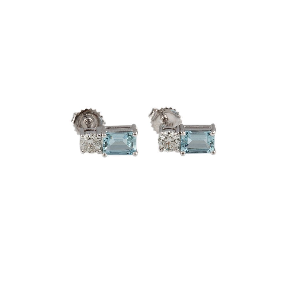 White Gold 0.70ct Round Brilliant Cut Diamond and 1.74ct Emerald Cut Aquamarine Set Stud Earrings