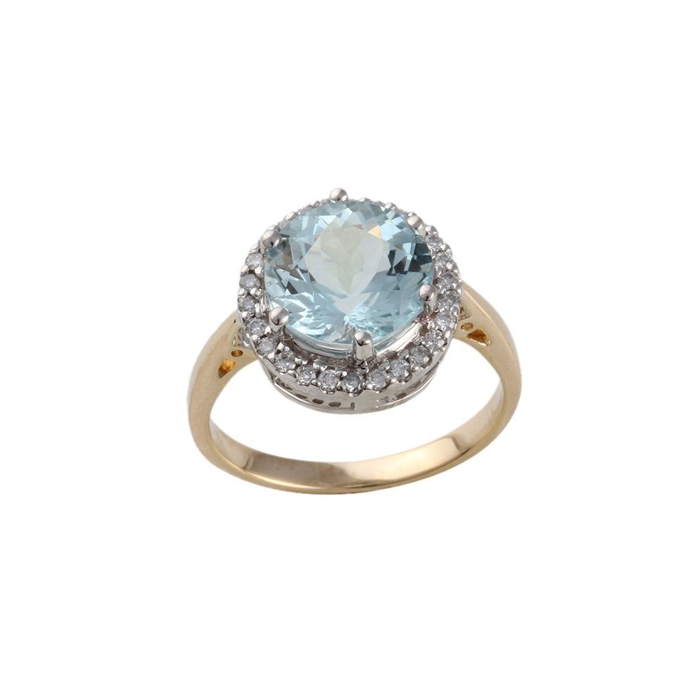 Yellow and White Gold 0.17ct Round Brilliant Cut Diamond and 2.59ct Round Aquamarine Cluster Ring