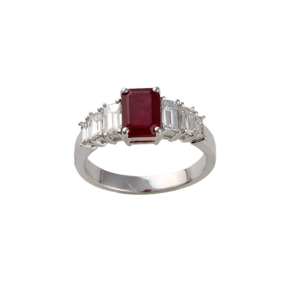 White Gold 0.87ct Baguette Cut Diamond and 1.35ct Emerald Cut Ruby Ring
