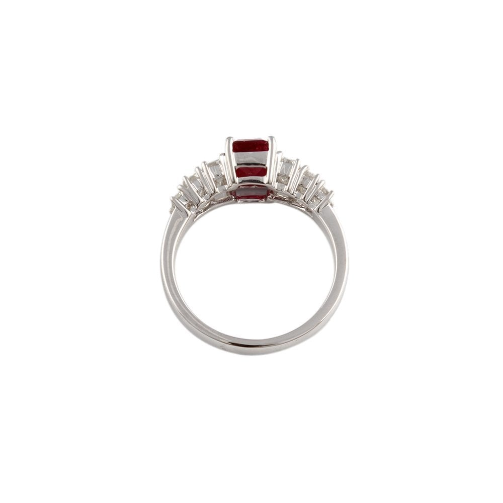 White Gold 0.87ct Baguette Cut Diamond and 1.35ct Emerald Cut Ruby Ring