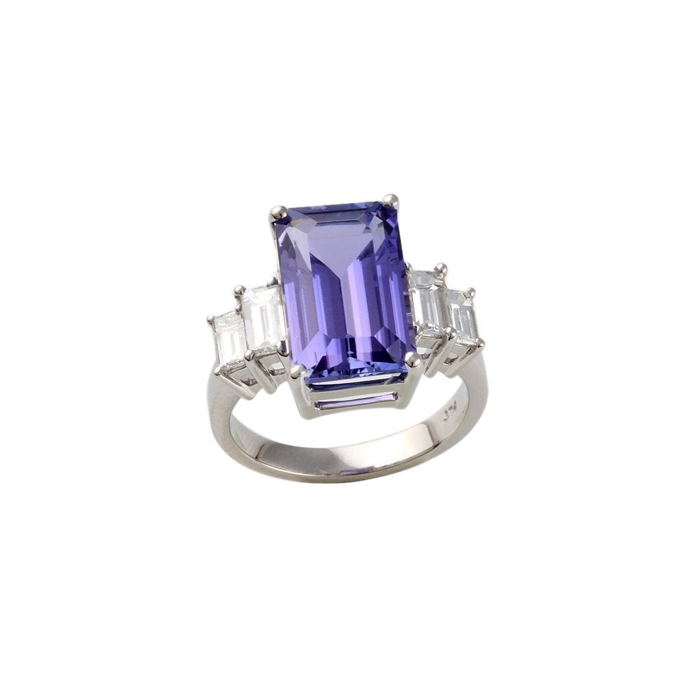 White Gold 0.80ct Baguette Cut Diamond and 5.65ct Emerald Cut Tanzanite Set Ring