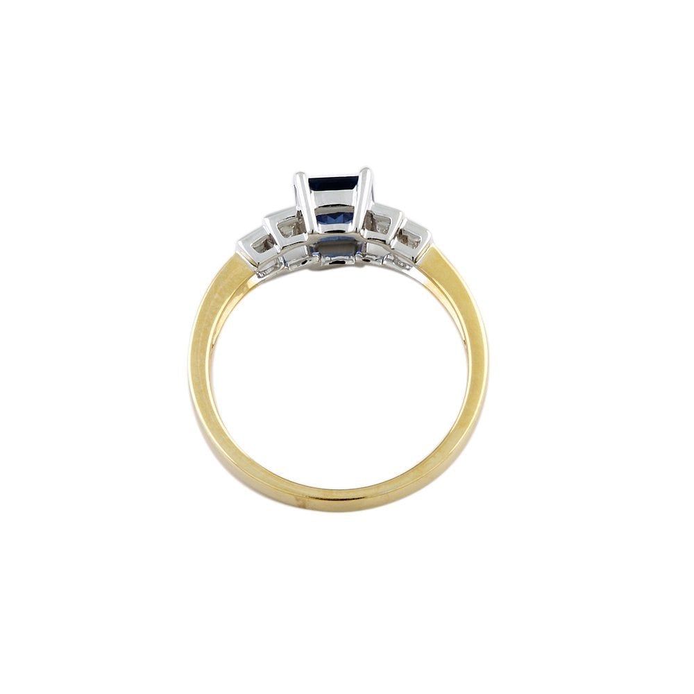 Yellow and White Gold 0.30ct Baguette Cut Diamond and 1.25ct Emerald Cut Blue Sapphire Five Stone Ring