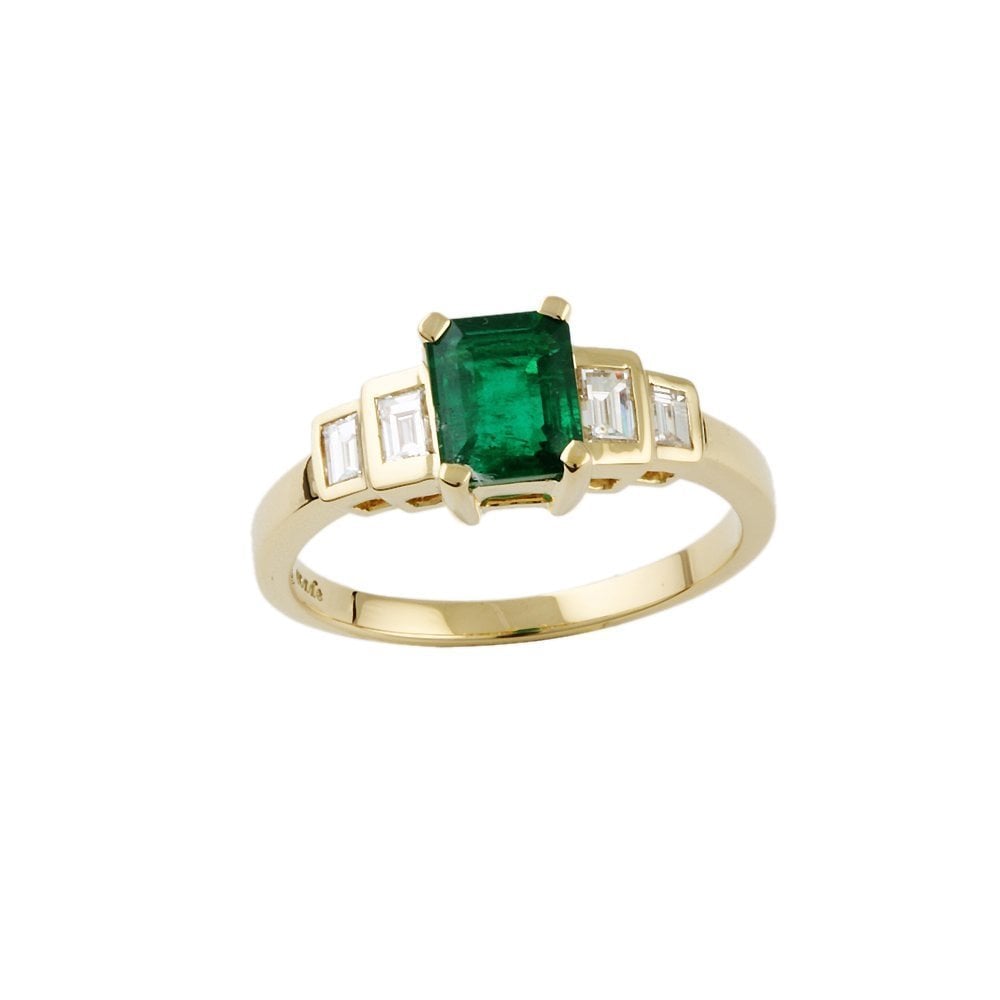 Yellow Gold 0.34ct Baguette Cut Diamond and 1.16ct Emerald Cut Emerald Five Stone Ring