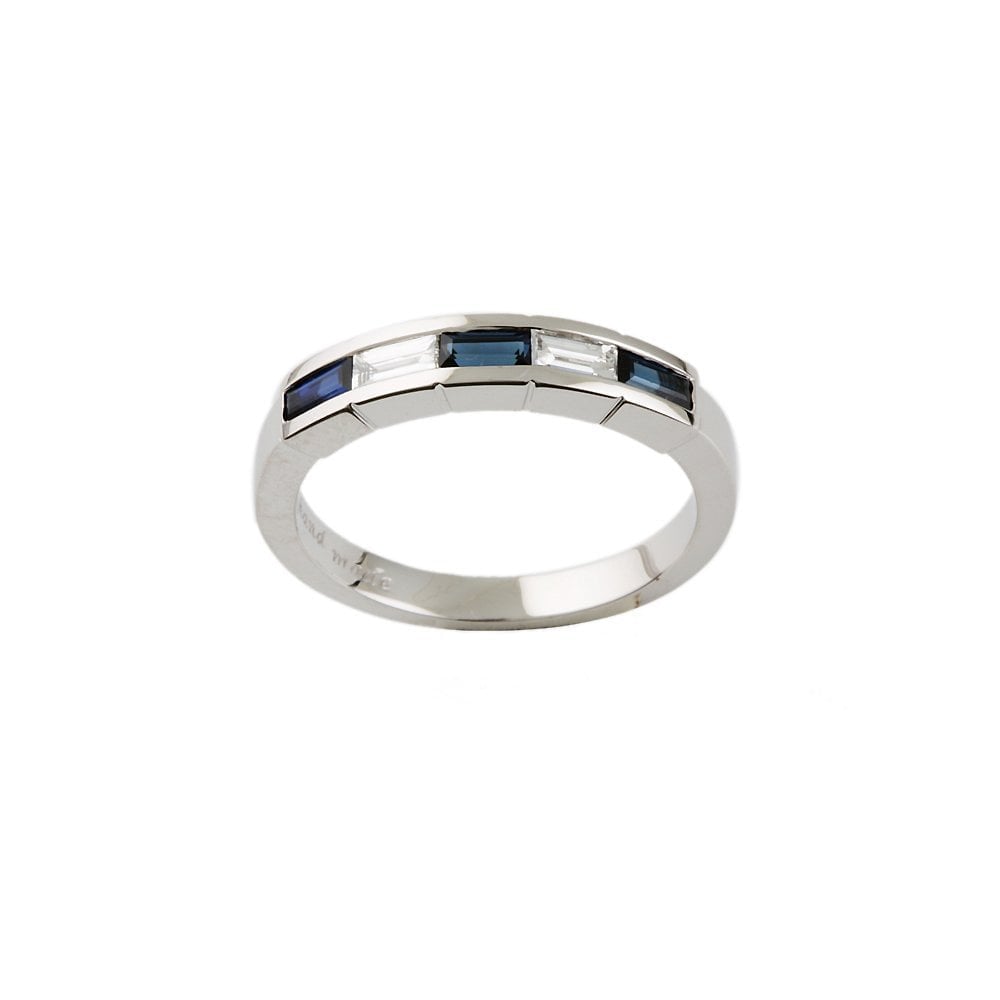 White Gold 0.20ct Baguette Cut Diamond and 0.50ct Baguette Cut Blue Sapphire Five Stone Ring