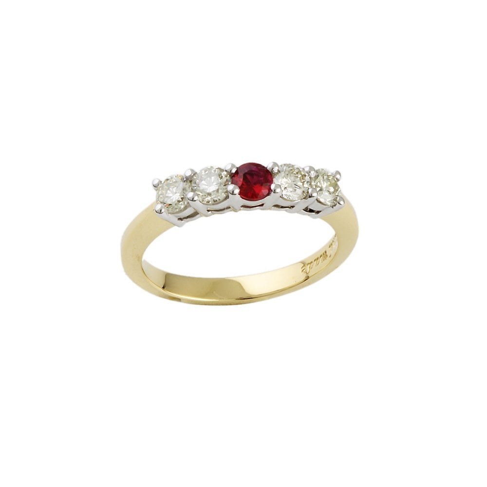 Yellow and White Gold 0.60ct Round Brilliant Diamond and 0.15ct Round Ruby Five Stone Ring