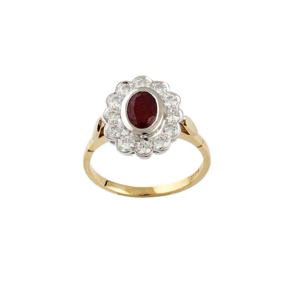Yellow and White Gold 0.54ct Round Diamond and 0.92ct Oval Ruby Set Cluster Ring