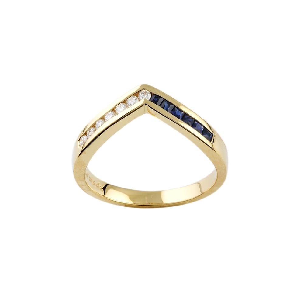 9ct Yellow Gold Blue Sapphire and Diamond Wishbone Ring