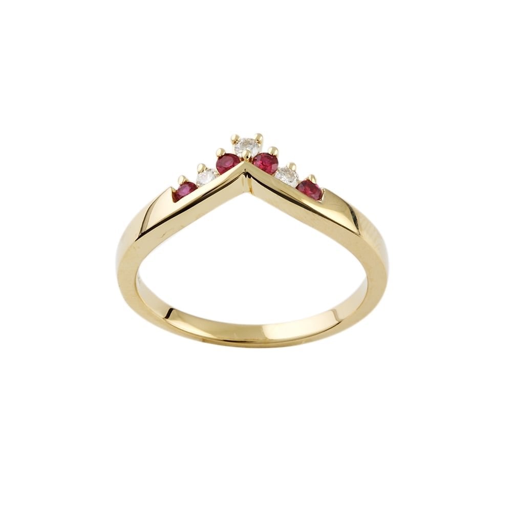 9ct Yellow Gold Ruby and Diamond Wishbone Ring
