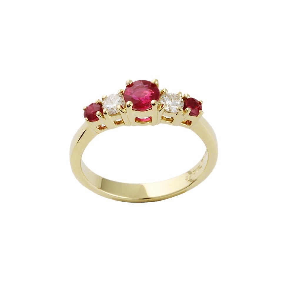 Yellow Gold 0.28ct Round Brilliant Diamond and 0.88ct Round Ruby Five Stone Ring