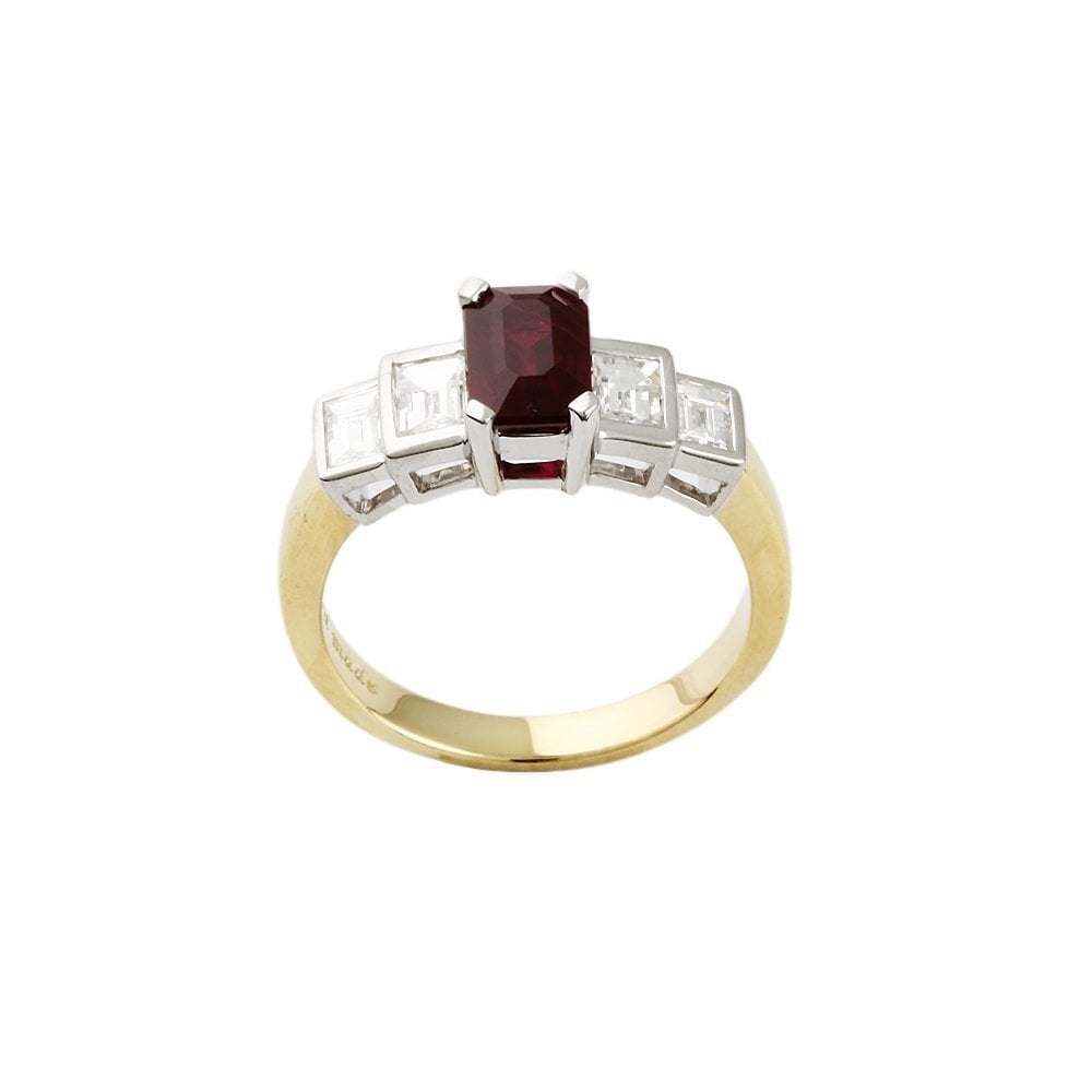 Yellow and White Gold 0.65ct Baguette Cut Diamond and 1.50ct Emerald Cut Ruby Five Stone Ring