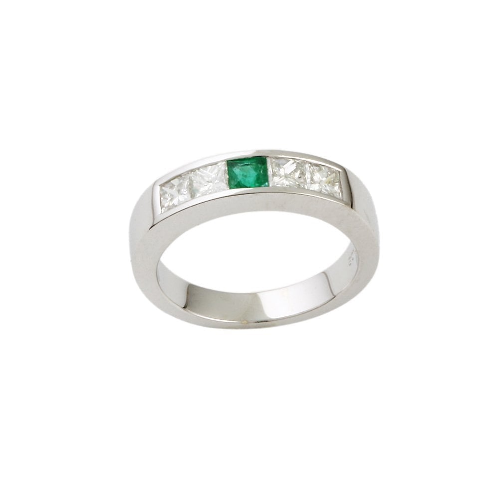 White Gold 0.60ct Princess Cut Diamond and 0.15ct Square Emerald Five Stone Ring