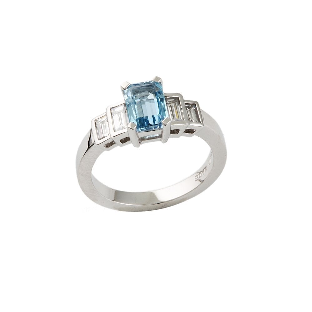 White Gold 0.40ct Baguette Cut Diamond and 0.99ct Emerald Cut Aquamarine Five Stone Ring