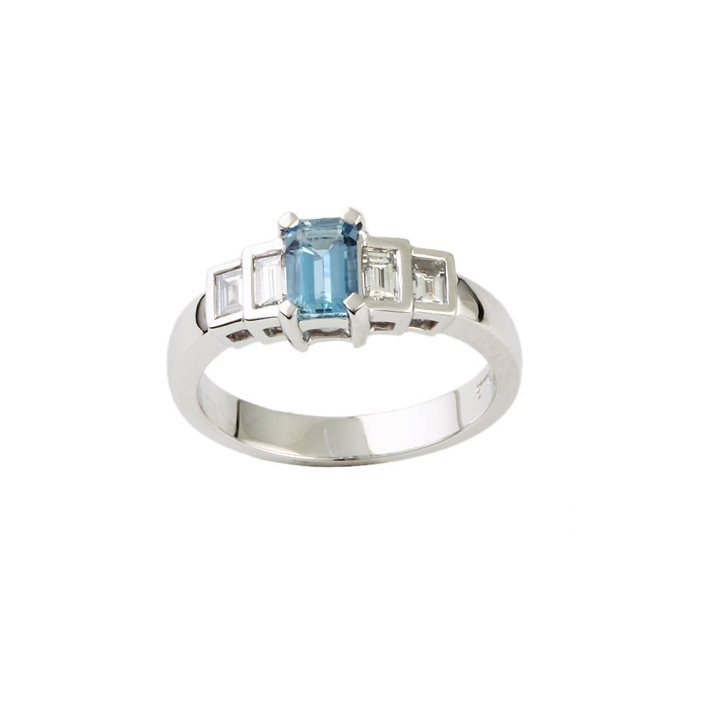 White Gold 0.30ct Baguette Cut Diamond and 0.45ct Emerald Cut Aquamarine Five Stone Ring