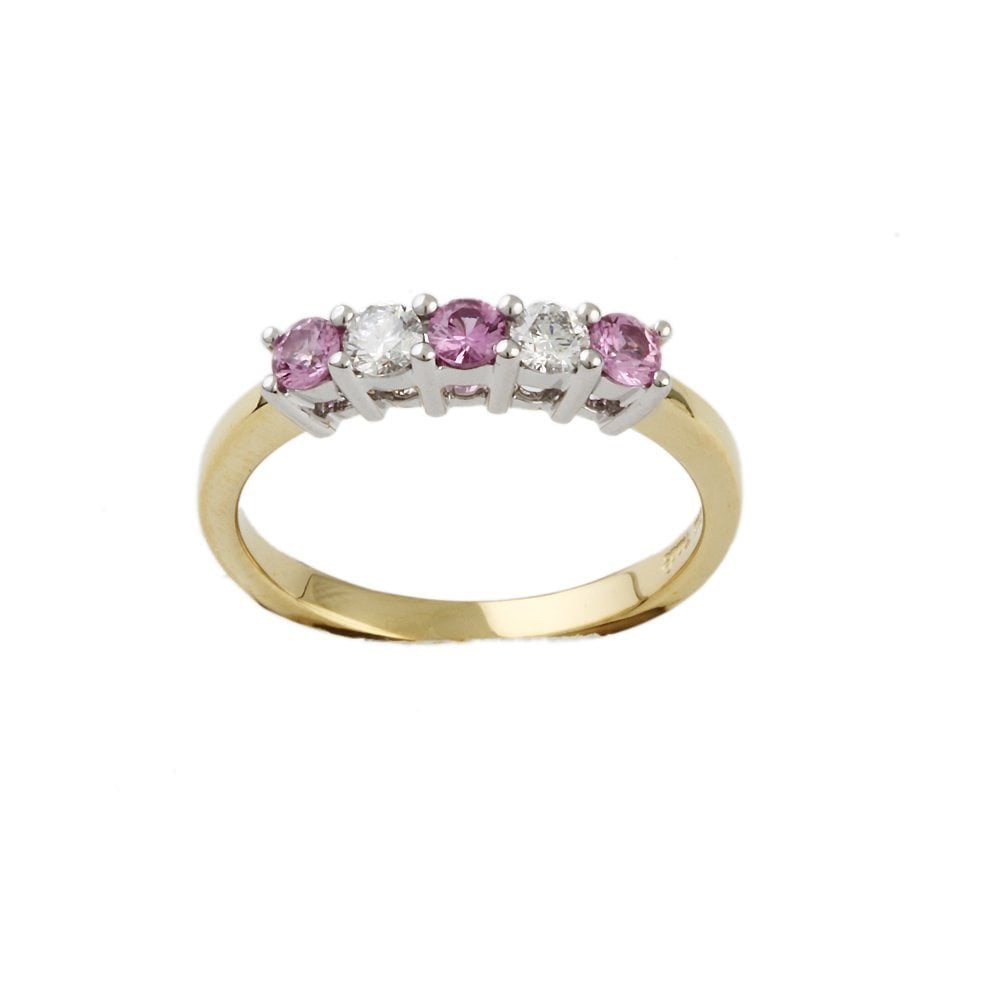 Yellow and White Gold 0.20ct Round Brilliant Diamond and 0.35 Round Pink Sapphire Five Stone Ring