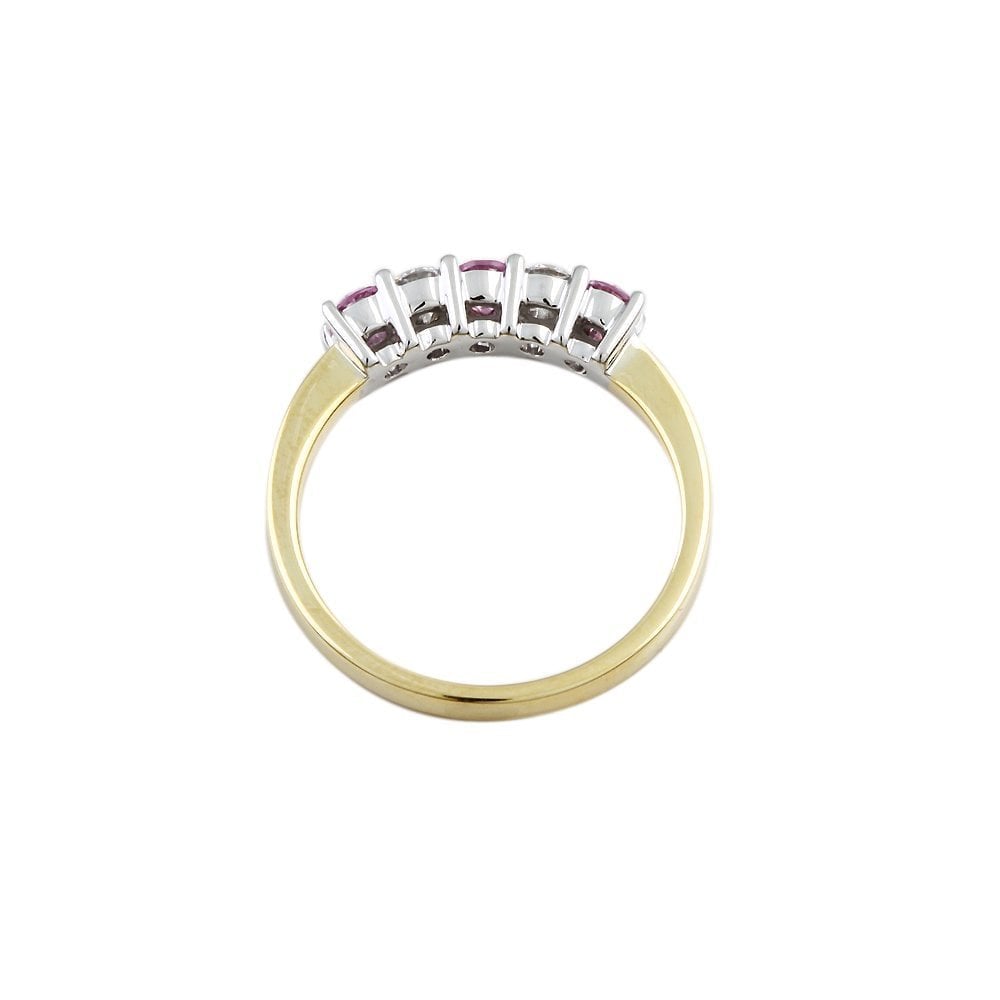 Yellow and White Gold 0.20ct Round Brilliant Diamond and 0.35 Round Pink Sapphire Five Stone Ring