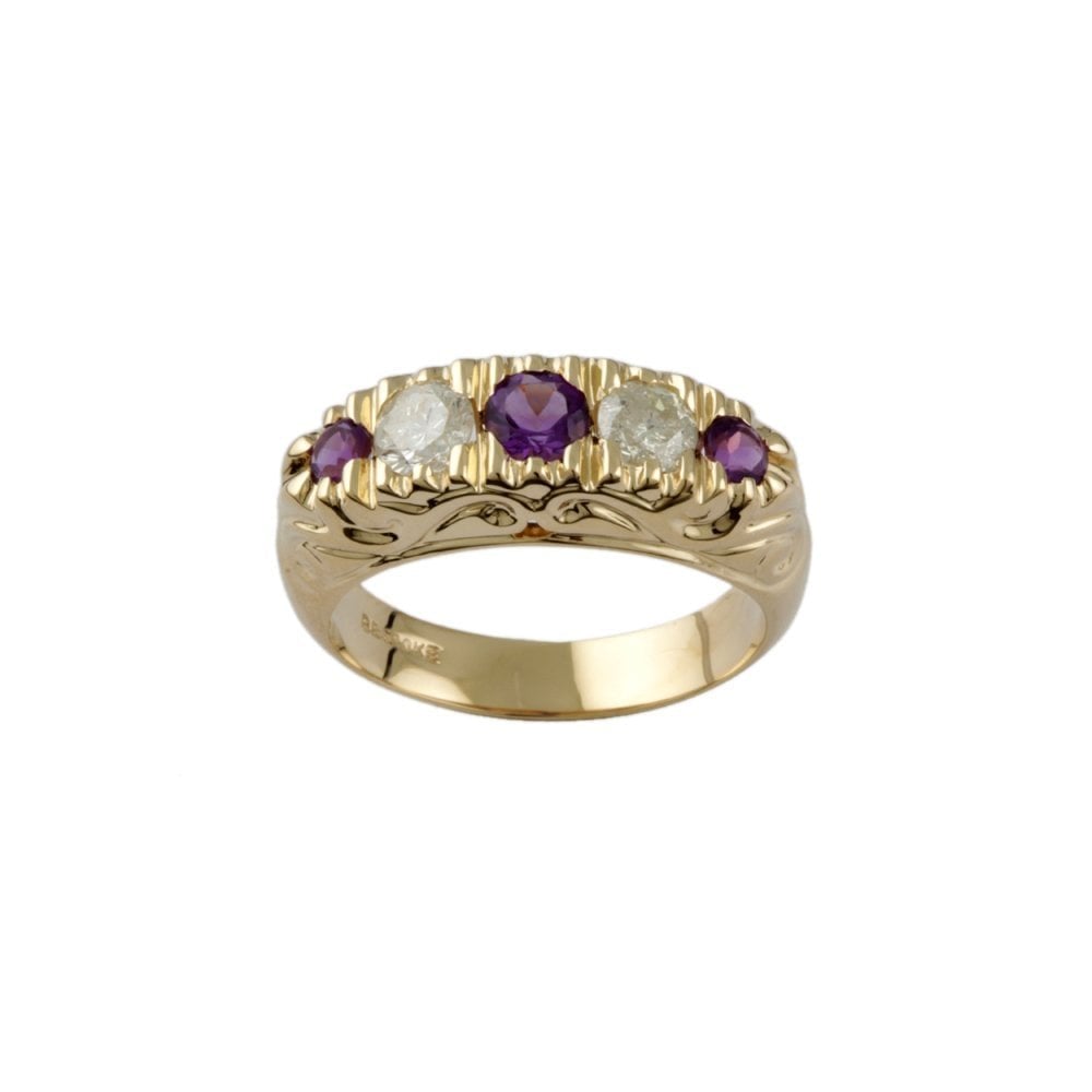 Yellow Gold 0.50ct Round Brilliant Diamond and 0.45 Round Amethyst Five Stone Ring